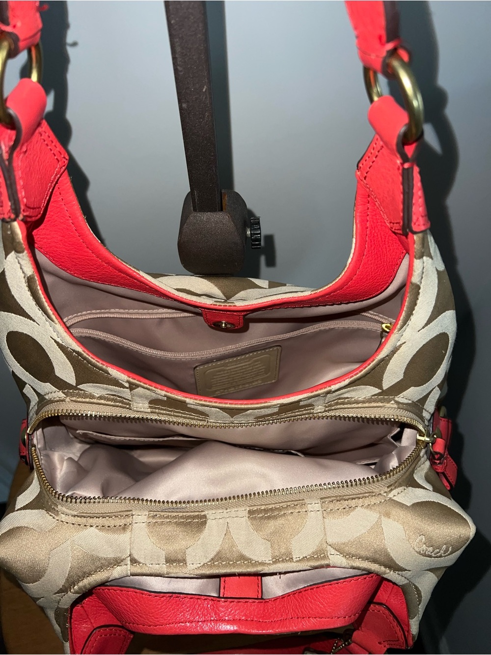 Coach Madison Op Art Maggie Hobo Bag – Khaki/Coral - Picture 9 of 14